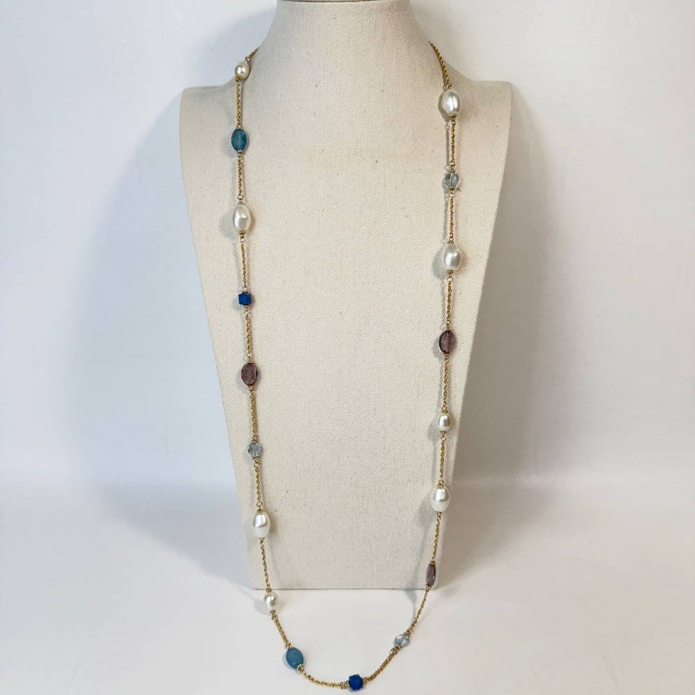 Laundry By Shelli Segal Station Necklace‎ Gold-Tone Faux Pearl Cut Glass
